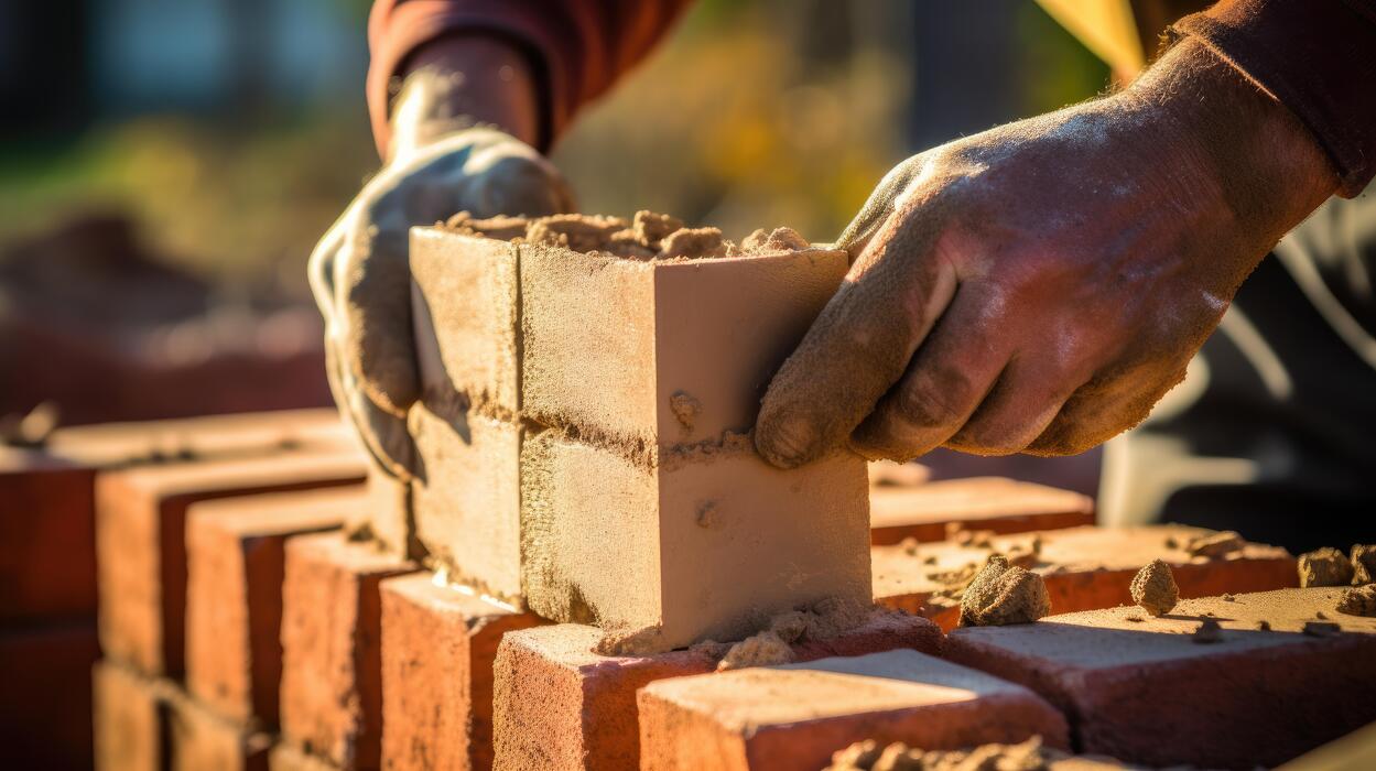 کارگر در حال ساخت دیوار آجری